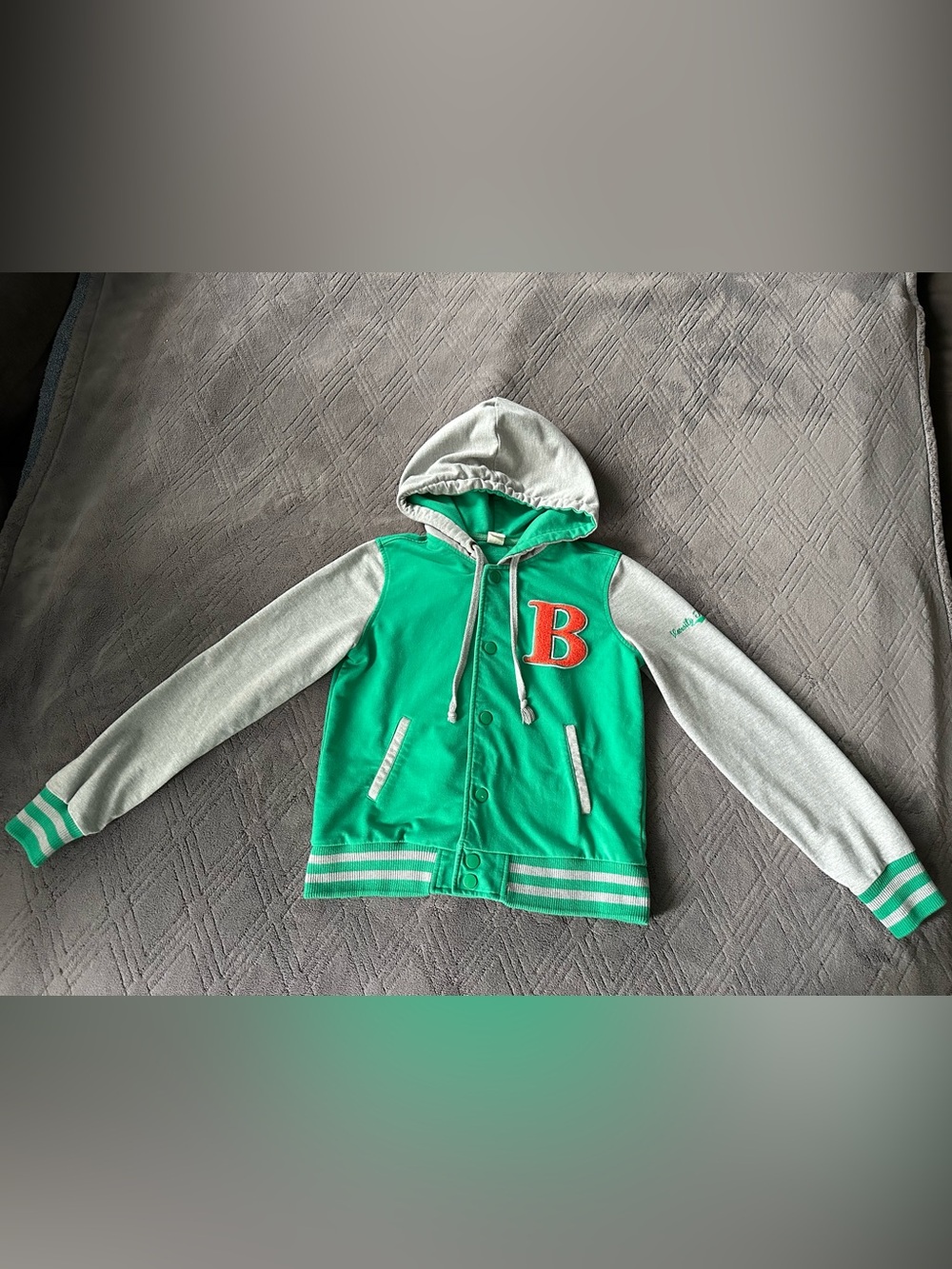 Green & Gray Kids Hoodie Letterman’s Jacket with B Patch Size Large